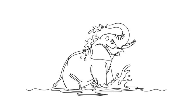 One line drawing of a happy elephant splashing water in the sea, simple art