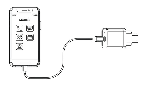 Smartphone connected to charger power adapter line art