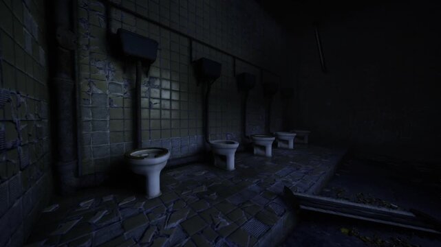 Grim apocalyptic latrine with row of stained toilets, makeshift repairs and contaminated floors, survival camp vibe with rationed water and improvised hygiene,