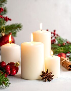 Warm glowing candles and festive decorations for holiday season celebration