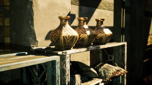 Sunlit decorative goods arranged on rustic shelf, brass urns, embroidered cushions and textured tiles create warm market vignette in Souk AlZal