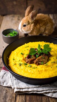 Warm polenta dish topped with meat and greens with a rabbit background