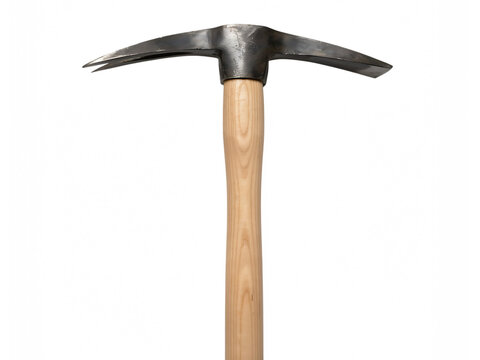 Metal pickaxe tool with wooden handle and sharp points isolated on a transparent background