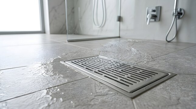 Stainless steel shower drain installed in light grey tile flooring with flowing water capturing a modern clean bathroom interior design