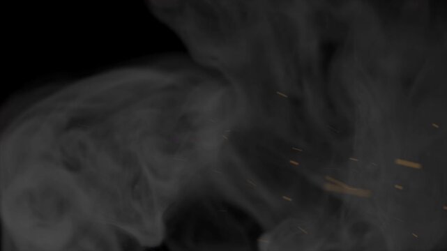 Cinematic 4K seamless loop video featuring soft atmospheric white smoke wisps swirling alongside floating fire sparks on a dark background. Ideal for movie title sequences, VFX compositing, moody 