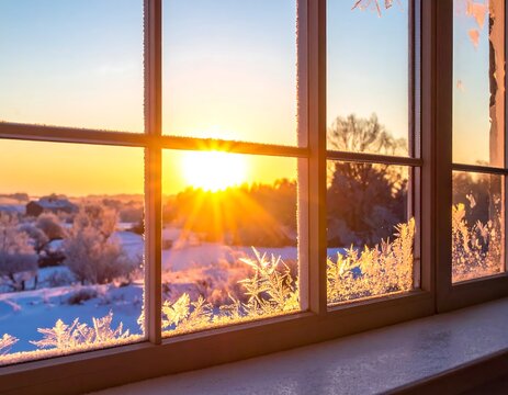Warm sunrise viewed through frosty window pane landscape