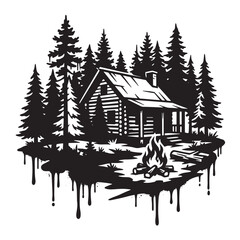 Fototapeta premium Detailed graffiti style black and white of a wooden cabin in a pine forest with a campfire, featuring artistic paint drips on a white background