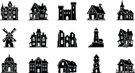 Obraz premium Spooky silhouette house icons a collection of gothic and haunted architectural elements