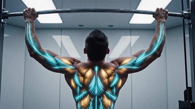 Anatomical Visualization of Back Muscle Activation During Pull Up Exercise with Glowing Muscle Fibers and Strength
