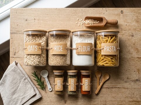 Clean flat lay of reusable kitchen storage - glass jars, bamboo lids, labels and wooden scoop