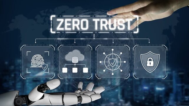 Conceptual illustration of Zero Trust cybersecurity model featuring robotic hand reaching towards digital security icons and data network connections Sigmoid