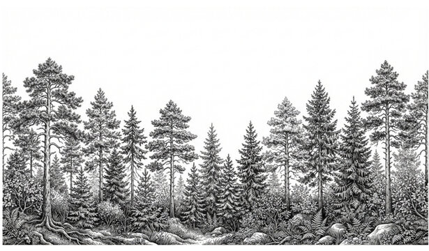 Hand Drawn Pine Forest Border Vintage Etching Vector Artwork