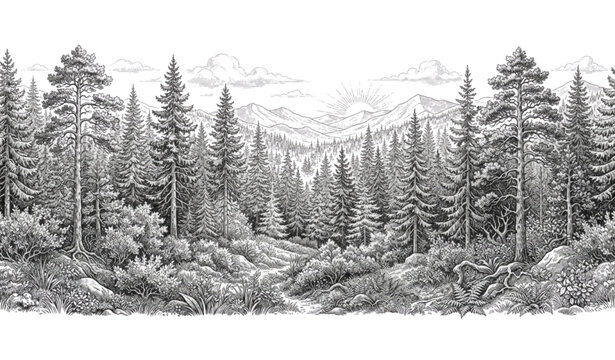 Dense Pine Forest Vintage Engraving Wide Banner Vector Illustration