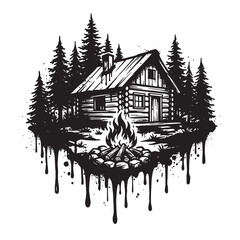Fototapeta premium Graffiti style black and white ink of a rustic log cabin in a forest with a campfire and dripping paint effects isolated on a white background