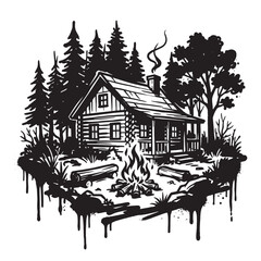 Fototapeta premium Graffiti style black and white ink of a rustic log cabin in a forest with a campfire, featuring dripping paint effects on a white background