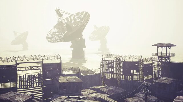Ethereal light illuminates coastal radar park and broken enclosures, deserted mood with soft haze, rusted metal, quiet geometry and slow sense of time passing