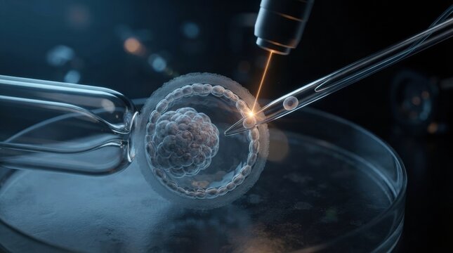 A detailed 3D render shows a human egg cell being fertilized using modern reproductive health tools and techniques in a laboratory setting