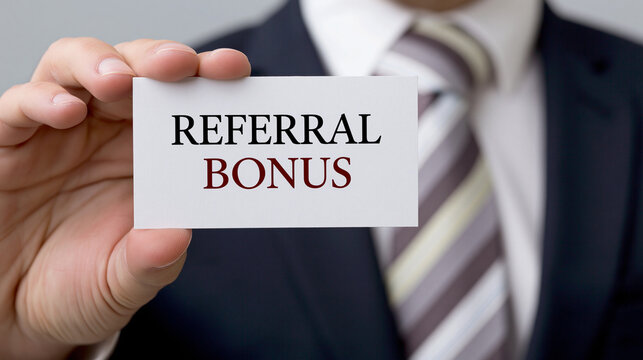 Referral Bonus Card in Hand: A close-up shot of a businessman in a suit holding a business card that reads REFERRAL BONUS, highlighting a marketing or recruitment incentive.