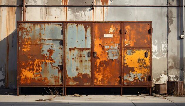 Weathered industrial cabinet with peeling paint and rust texture