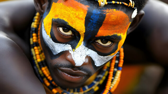African tribesman with face paint and adornments.