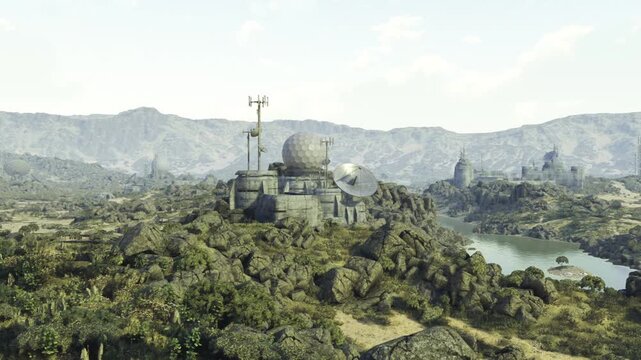 Observatory dome perched on hilltop overlooking lake and distant ridges, parabolic antenna and weather station detail, lush vegetation and bright midday light