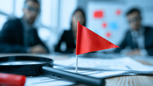 Red Flag Warning in Business Meeting: A stark red flag stands as a symbol of caution amidst a blurred backdrop of a business meeting, highlighting potential risks or critical points for discussion.