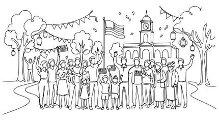 Obraz premium Diverse crowd celebrating with Malaysian flags and festive decorations, simple line art style.