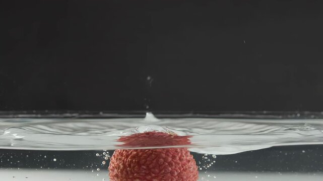 Slow motion studio shot of a fresh lychee fruit falling into clear water with natural splash, bubbles, and realistic ripples. Clean commercial food footage for freshness, summer, and beverage concepts