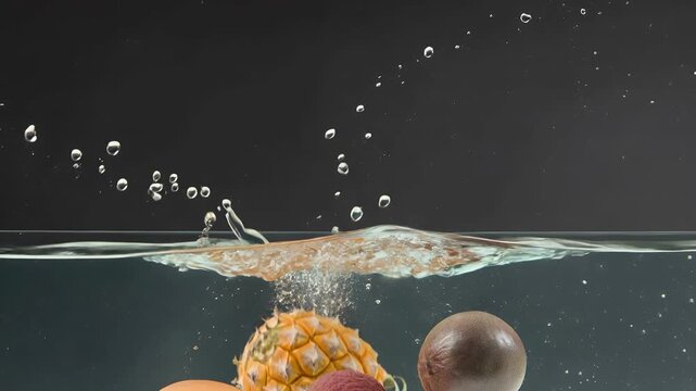 Slow motion mixed tropical fruit splash with lychee as the hero fruit in the center. Clean commercial food and beverage footage with natural splash, bright colors, and premium freshness look.