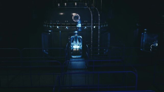 Nocturnal glowing prototype module in dark plant, single illuminated column with surrounding piping and shadowed platforms, dramatic cool tones and industrial