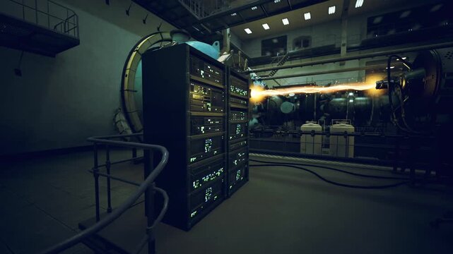 Isolated power cabinet and thick cables frame scene, heavy gauge wiring and control panels with switches, textured concrete walls and utilitarian lighting,