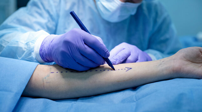 Surgeon drawing guidelines on patient arm skin