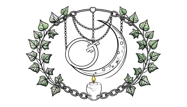Whimsical crescent moon and candle emblem with leafy garland and chains