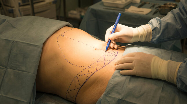 Surgeon marking patient abdomen before plastic surgery procedure