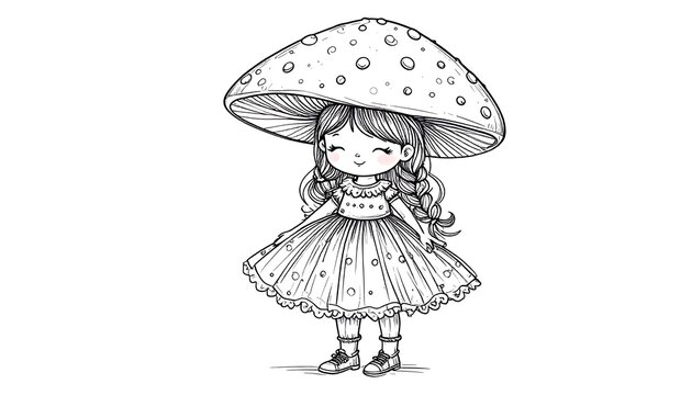 Whimsical drawing of a girl with mushroom hat and dress for childrens art and design