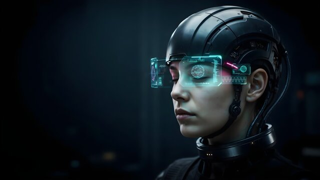 Neural interface helmet glowing with digital UI overlays, dark background, cinematic portrait lighting