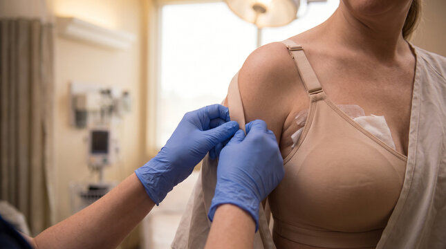 Nurse adjusting medical support bra on female patient