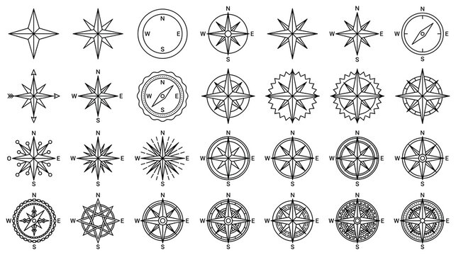 Detailed compass rose line icons for architectural mapping and outdoor navigation designs.