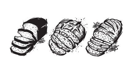 Fototapeta premium Three hand drawn graffiti black and white of sliced bread loaves, isolated on a white background, featuring bold ink lines and sketchy style