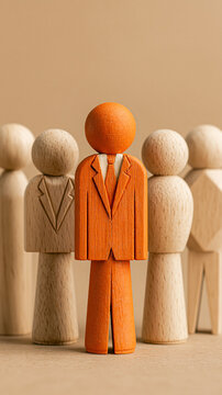 Standing Out Leader: A single orange wooden figure in a suit stands prominently in front of a blurred group of beige wooden figures, symbolizing leadership and individuality.