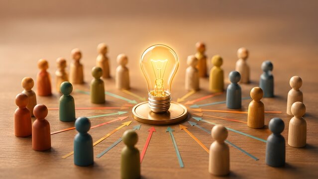 Diverse Wooden Peg Figures Connected to a Central Lightbulb Representing Crowdsourced Ideas and Team Collaboration