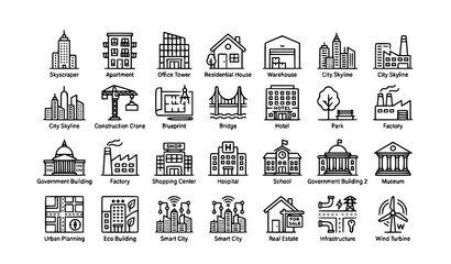 Fototapeta premium City Building and Urban Development Line Icon Set Minimal Architecture Symbols Vector EPS10