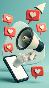Megaphone and Smartphone with Hearts: A stylized 3D illustration depicting a megaphone and a hand emerging from a smartphone, surrounded by social media like notifications.