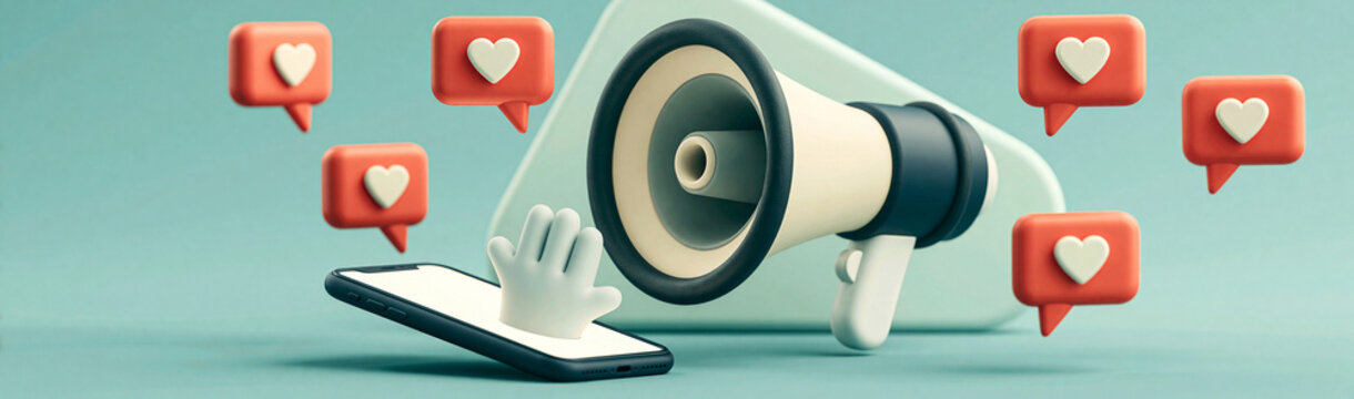 Social Media Megaphone: A megaphone stands ready to amplify messages, surrounded by floating heart icons symbolizing likes and engagement, emanating from a smartphone.