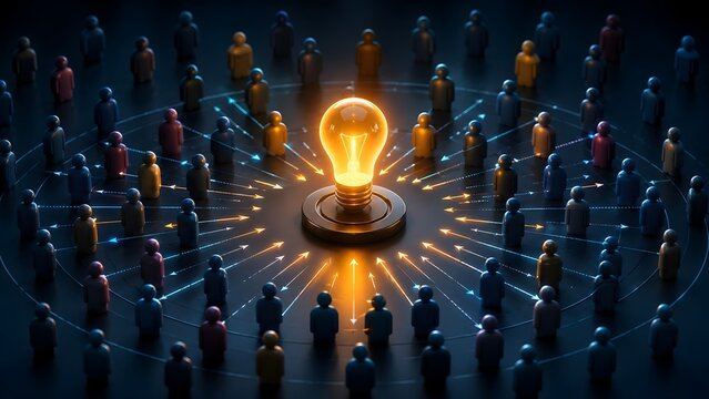 Large Crowd of 3D People Figures Connected to a Central Glowing Lightbulb Representing Crowdsourcing and Group Brainstorming