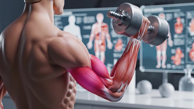3D Human Anatomy Muscle Model Performing Bicep Curls with Dumbbell for Fitness Training and Physiology Analysis