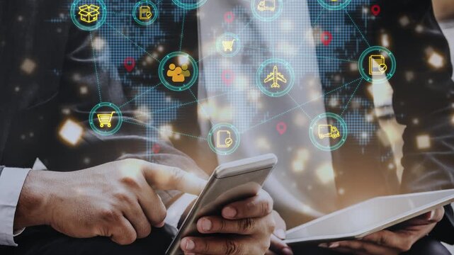 Businessman using smartphone and tablet with digital global icons representing various sectors like travel, finance, and technology in a modern environment. Entropy.