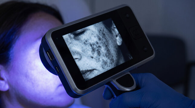 Dermatologist diagnosing patient skin with digital UV scanner