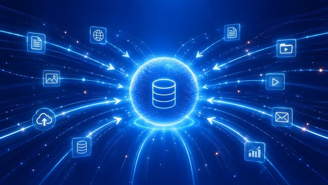 High Speed Data Transfer Concept With Glowing Digital Database Orb Collecting Information Via Fiber Optic Trails