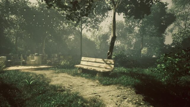 A quiet park bench is surrounded by lush greenery and inviting tables set for a gathering. Sunlight filters through the trees, creating a tranquil atmosphere perfect for reflection.